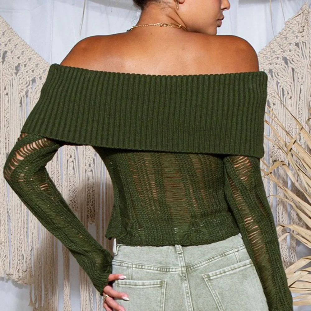 Off-Shoulder Olive Green Sweater